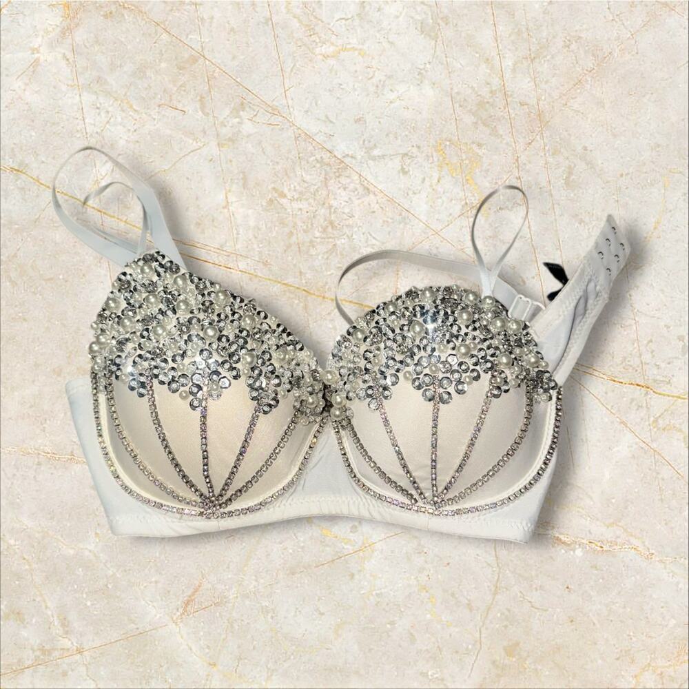 Windsor Jeweled Push-Up Bra White Pearl Rhinestone Embellished Size Small